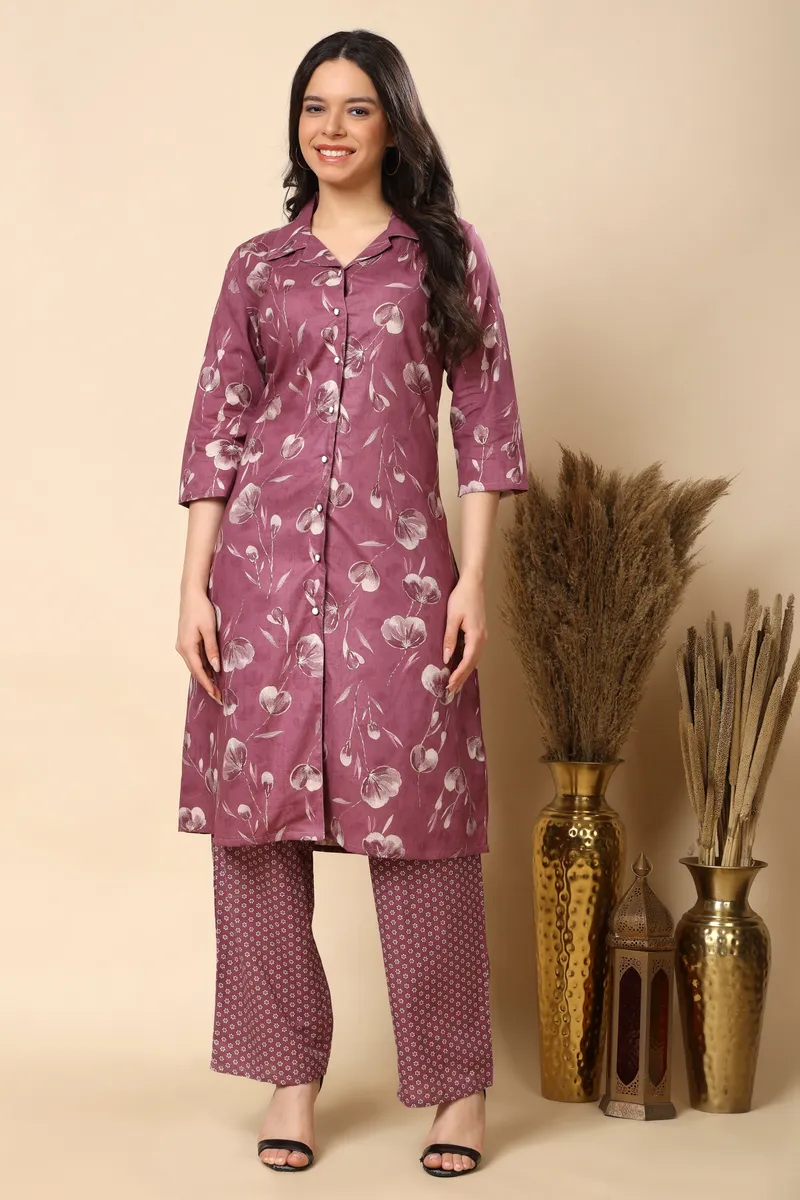 Mauve Floral Long Co-ord Set in Cambric Cotton