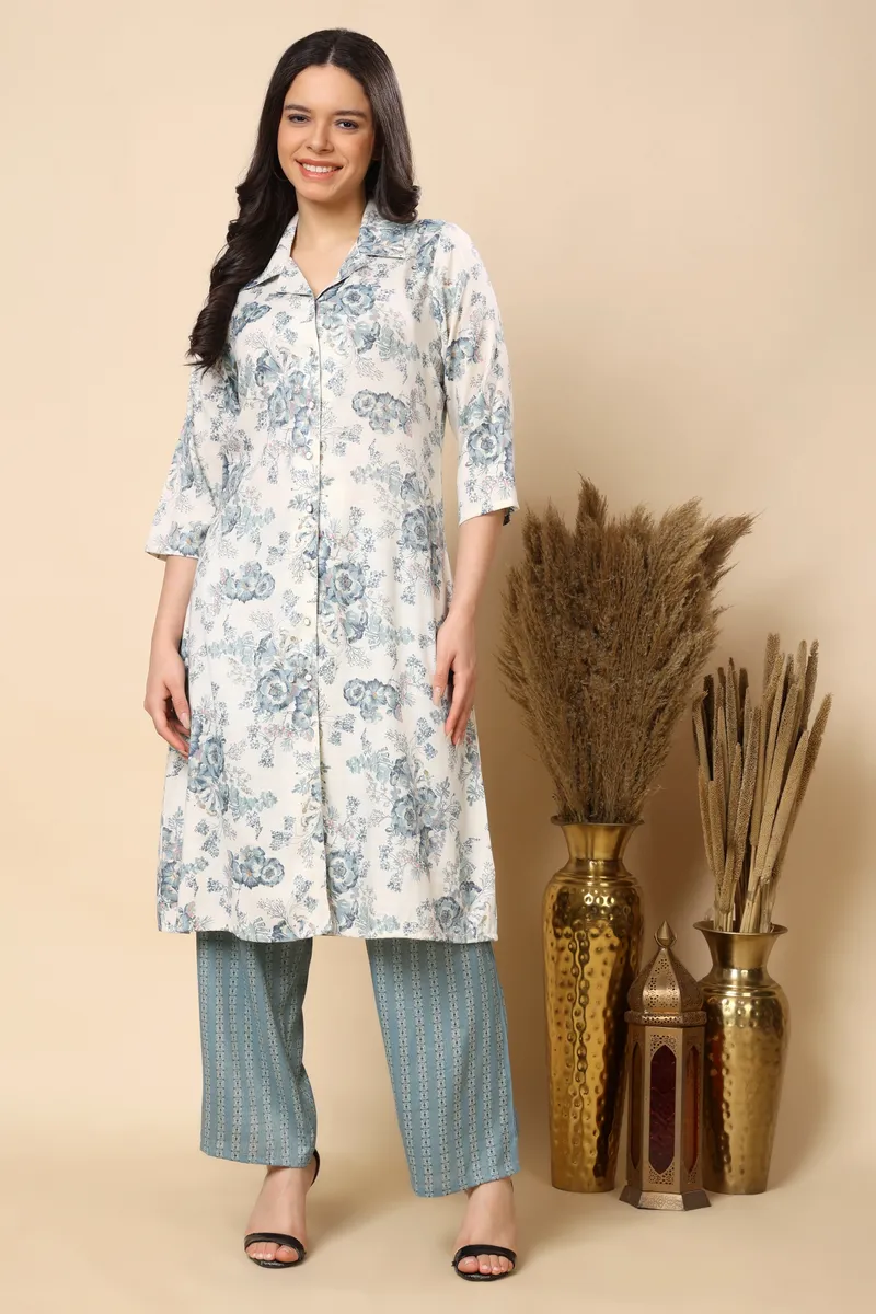 Blue Cotton Floral Long Co-ord Set