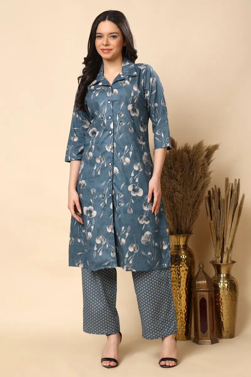 Blue Floral Cambric Cotton Long Co-ord Set