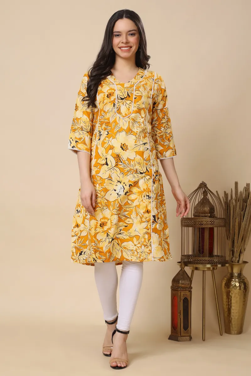 Yellow Floral Printed Cotton Long Kurti