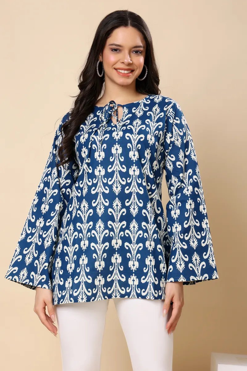 Blue Printed Cotton Short Top