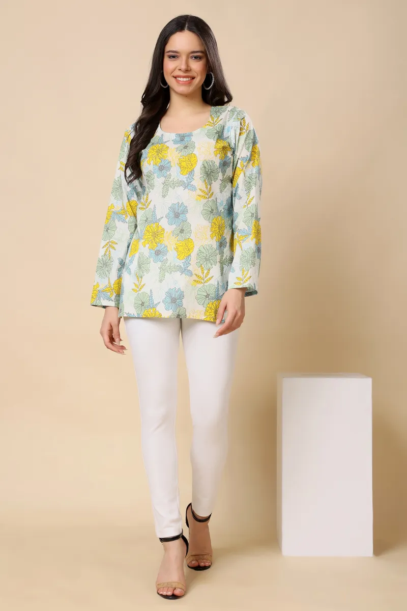 Green Floral Printed Cotton Short Top