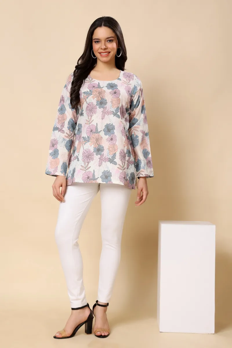 Pink Floral Printed Cambric Cotton Short Top